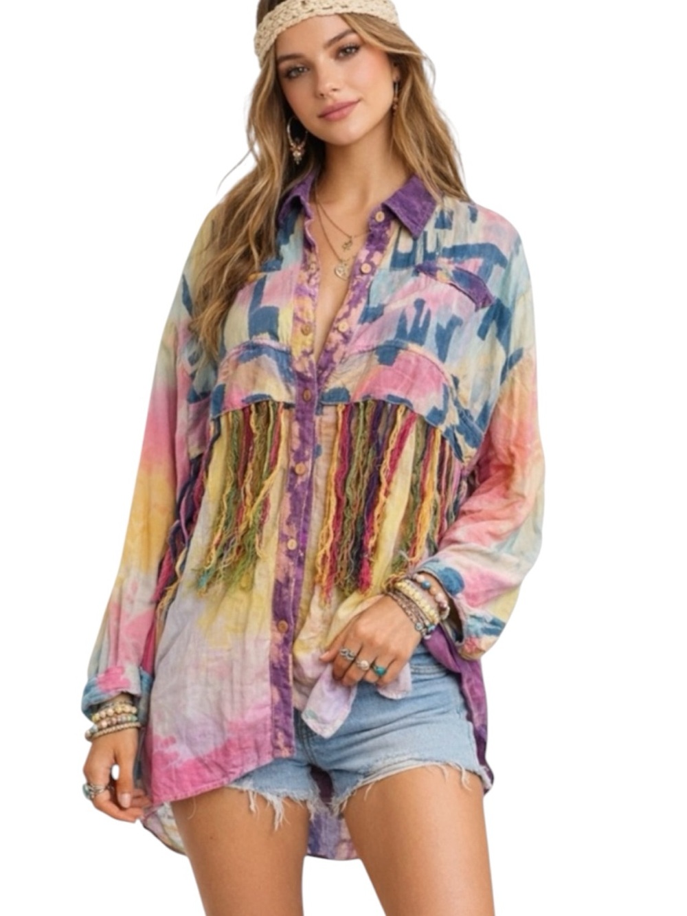 Vintage JouJou XL Rainbow Fringe Boho Festival Shirt Coachella Hippie